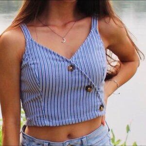 Hollister Blue & White Striped Wrap Front Tortoiseshell Buttoned Smock Crop Top